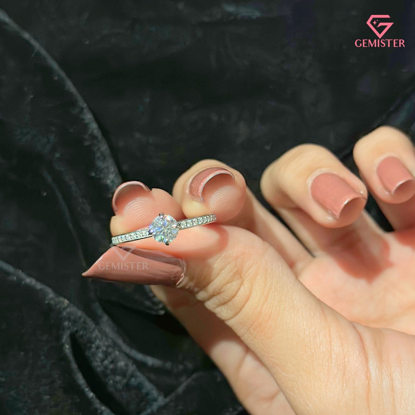 Dainty Round Cut Solitaire Ring | Slim Pavé Diamond Band 14K White Gold Engagement Ring