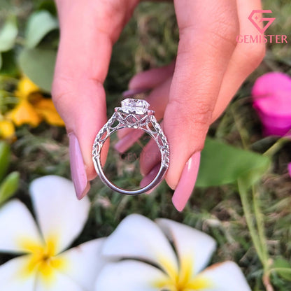 Vintage Round Brilliant Moissanite Halo Engagement Ring | Filigree Cathedral Pavé Band