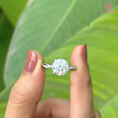 Round Brilliant Cut Lab Grown Diamond Solitaire Ring, Infinity Curved Band Engagement Ring
