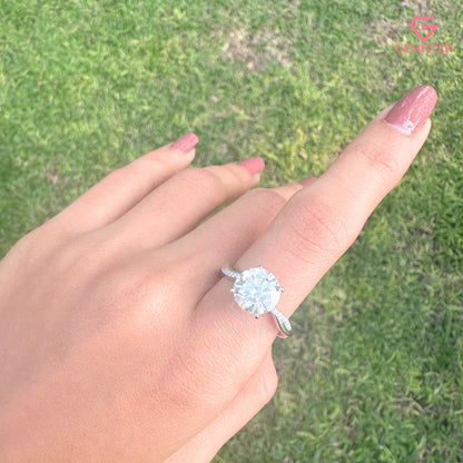 Round Brilliant Cut Lab Grown Diamond Solitaire Ring, Infinity Curved Band Engagement Ring