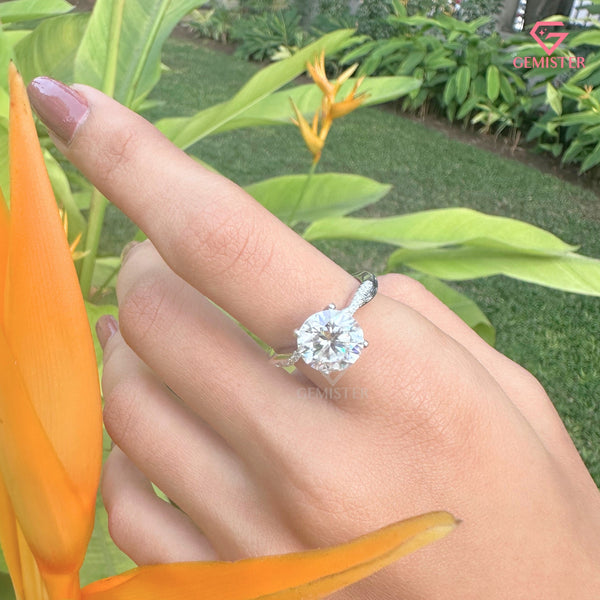 Round Brilliant Cut Moissanite Solitaire Ring, Infinity Curved Band Engagement Ring