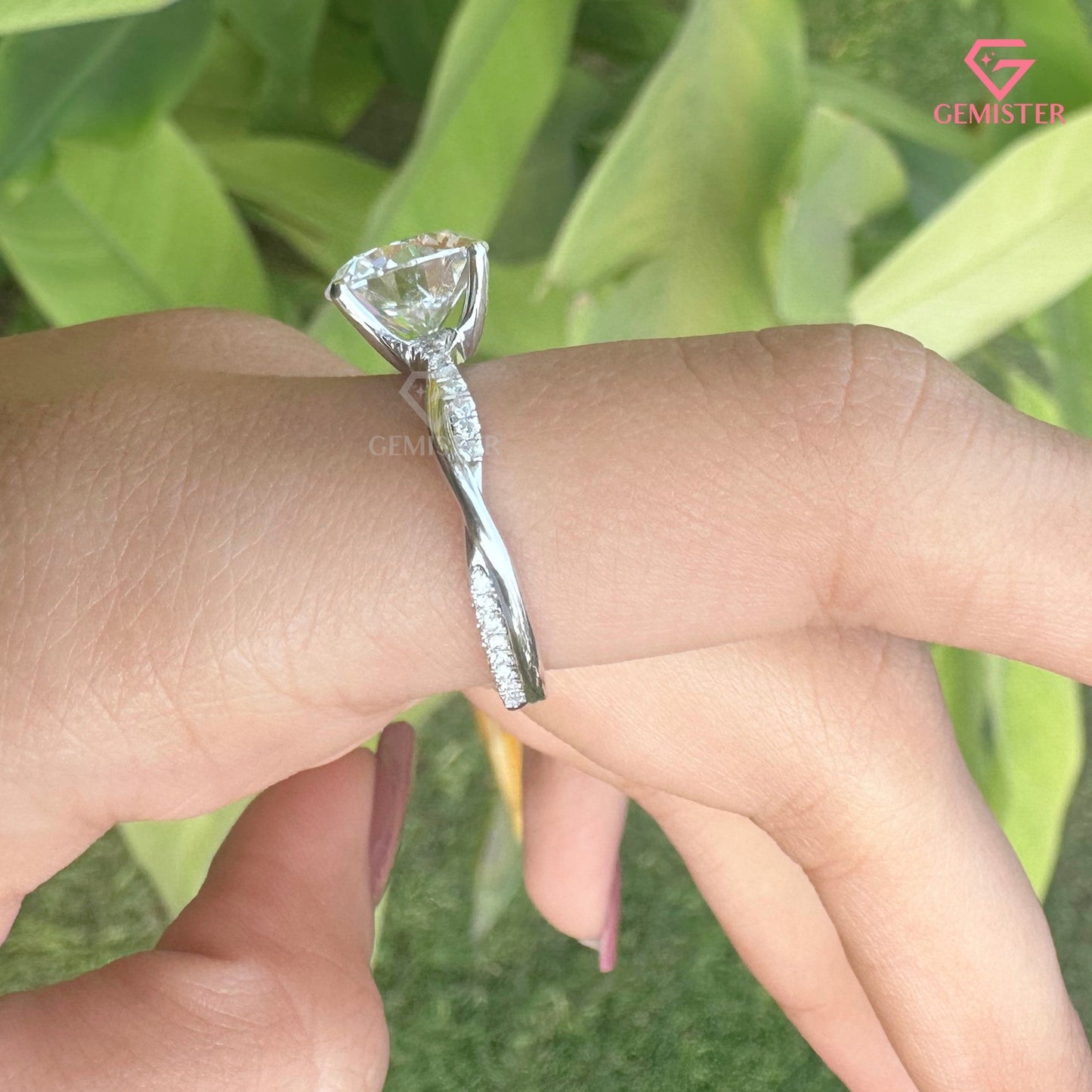 Round Brilliant Cut Lab Grown Diamond Solitaire Ring, Infinity Curved Band Engagement Ring