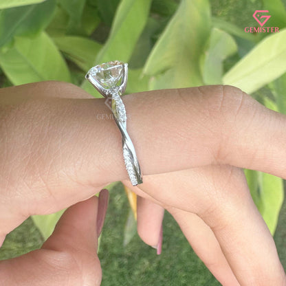 Round Brilliant Cut Lab Grown Diamond Solitaire Ring, Infinity Curved Band Engagement Ring