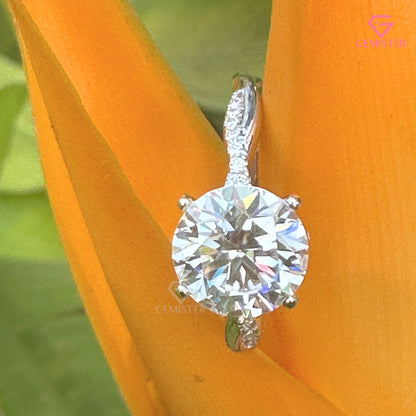 Round Brilliant Cut Lab Grown Diamond Solitaire Ring, Infinity Curved Band Engagement Ring