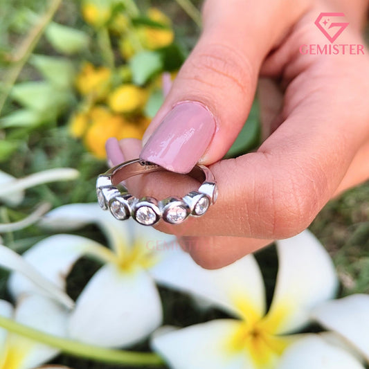 Round Cut Bezel Set Half Eternity Band | Minimalist Bubble Wedding Ring