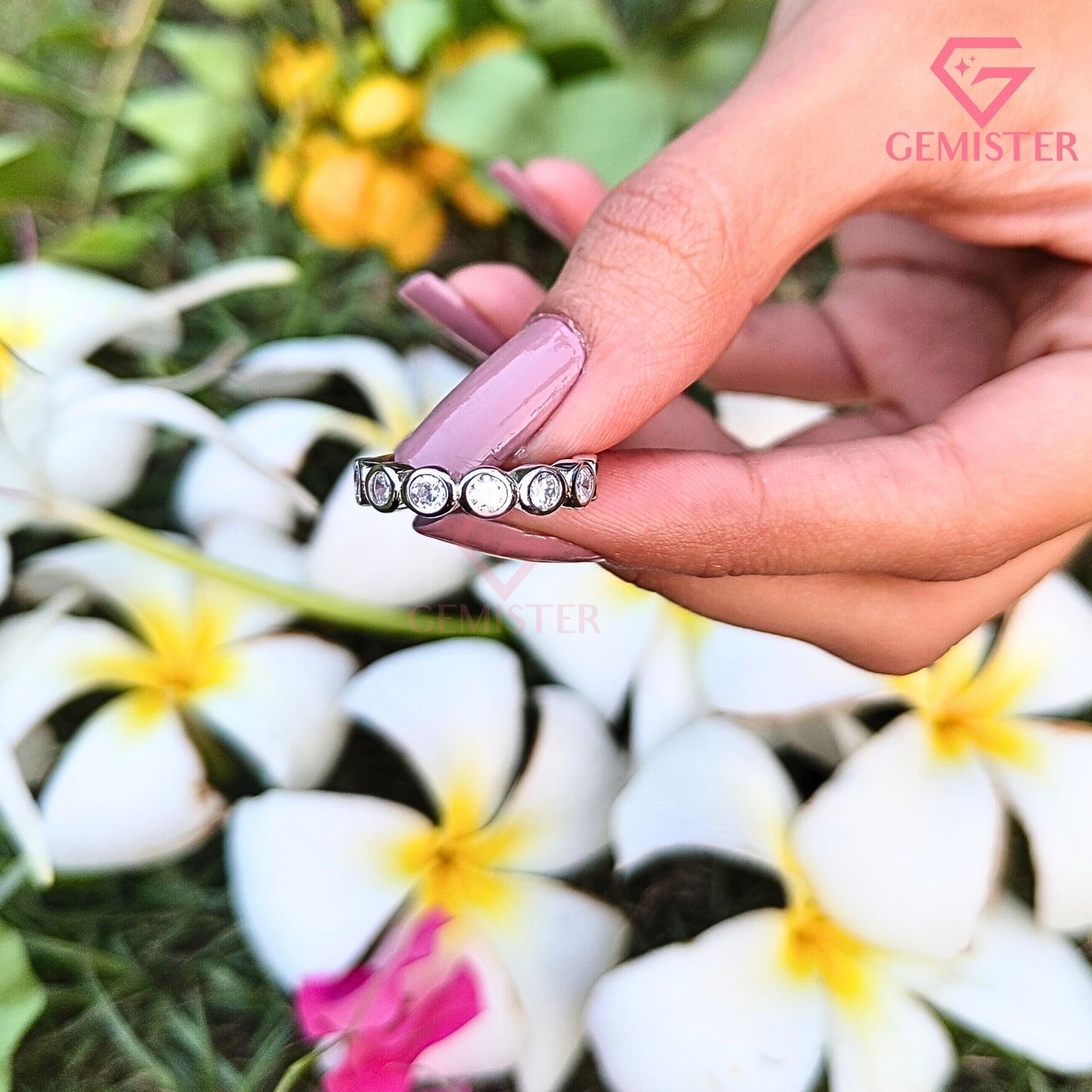 Round Cut Bezel Set Half Eternity Band | Minimalist Bubble Wedding Ring