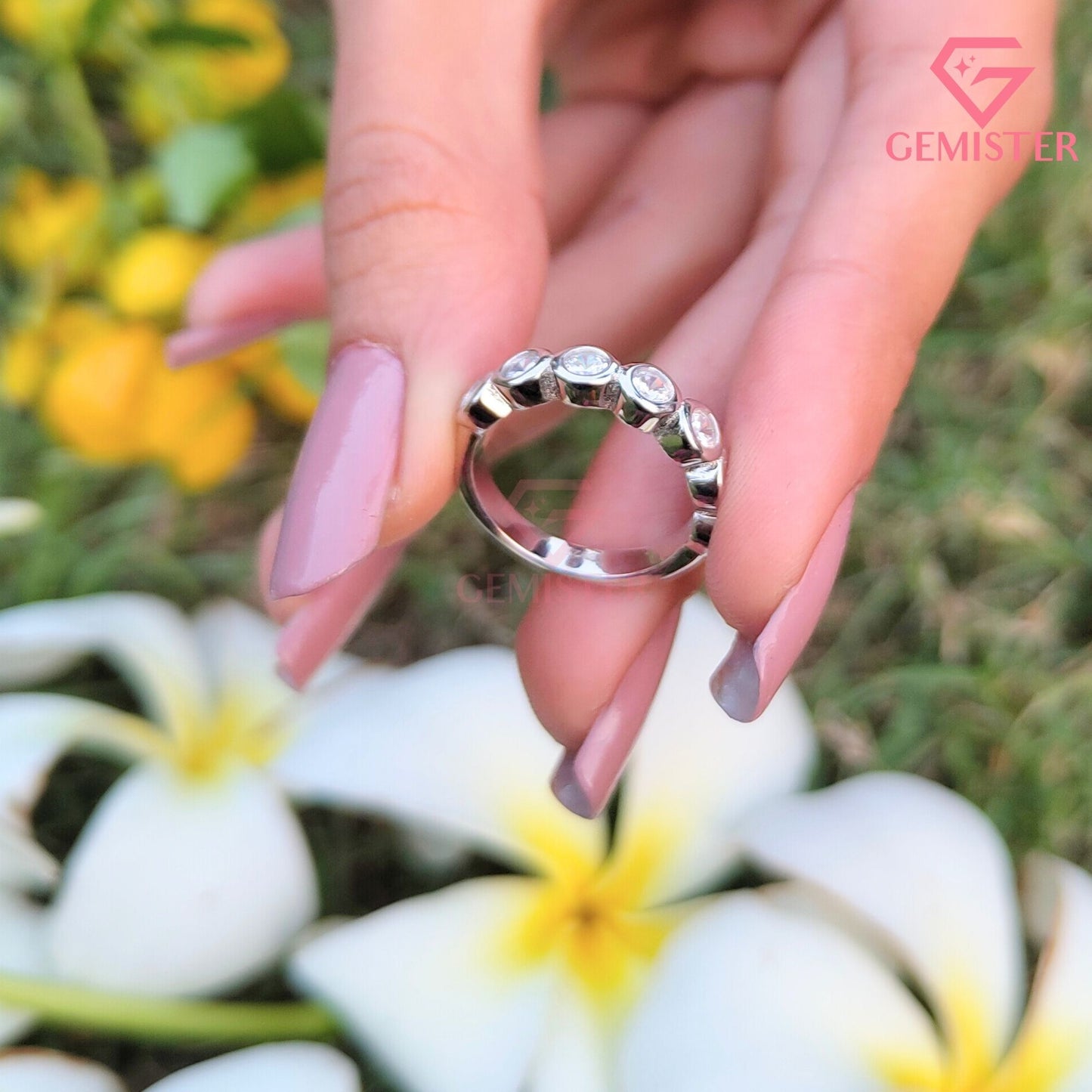 Round Cut Bezel Set Half Eternity Band | Minimalist Bubble Wedding Ring