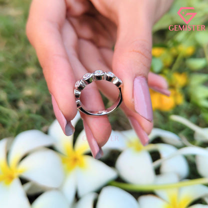 Round Cut Bezel Set Half Eternity Band | Minimalist Bubble Wedding Ring