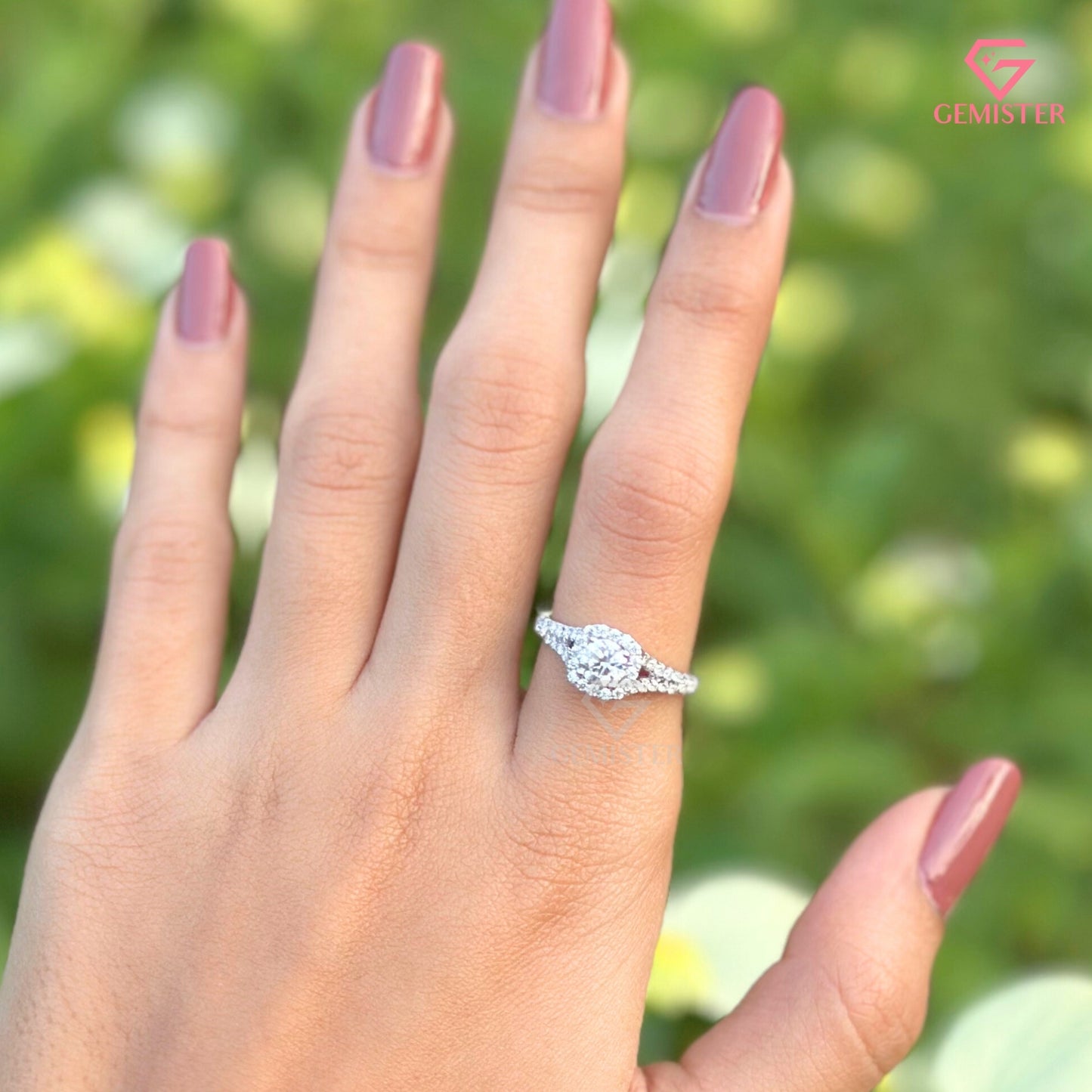 Round Brilliant Cut Moissanite Halo Engagement Ring | Split Shank Bypass Diamond Band