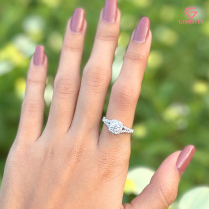 Round Brilliant Cut Moissanite Halo Engagement Ring | Split Shank Bypass Diamond Band