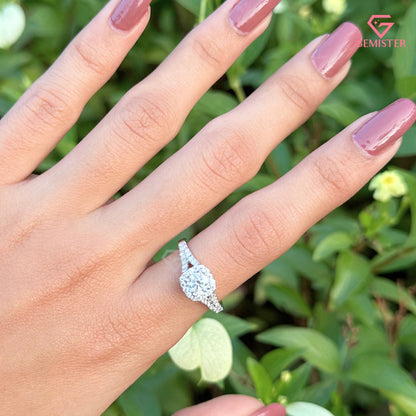 Round Brilliant Cut Moissanite Halo Engagement Ring | Split Shank Bypass Diamond Band