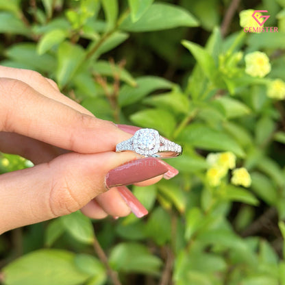Round Brilliant Cut Moissanite Halo Engagement Ring | Split Shank Bypass Diamond Band