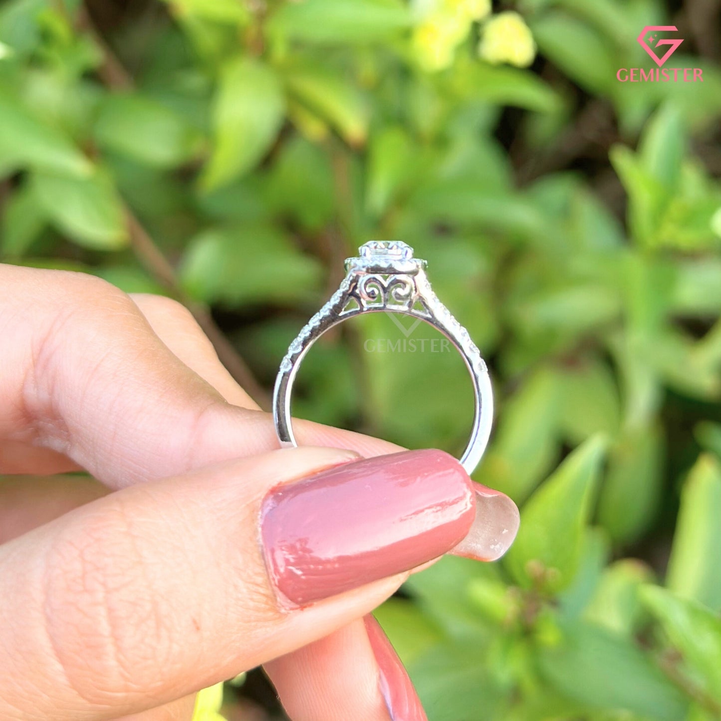 Round Brilliant Cut Moissanite Halo Engagement Ring | Split Shank Bypass Diamond Band