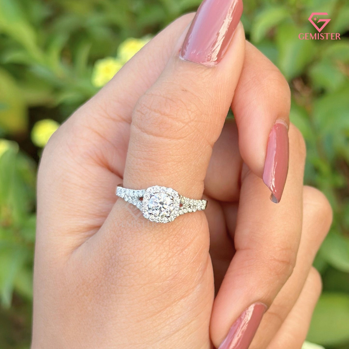 Round Brilliant Cut Moissanite Halo Engagement Ring | Split Shank Bypass Diamond Band
