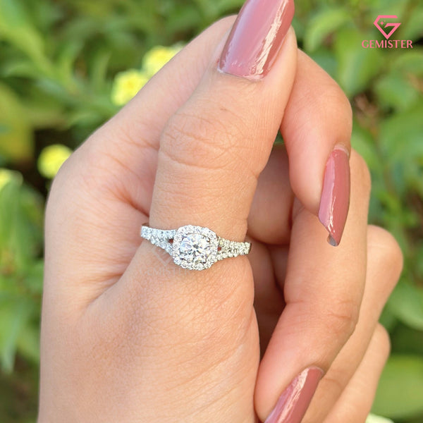 Round Brilliant Cut Moissanite Halo Engagement Ring | Split Shank Bypass Diamond Band