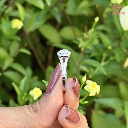 Round Brilliant Cut Moissanite Halo Engagement Ring | Split Shank Bypass Diamond Band