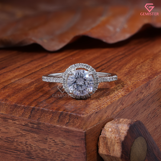 Round Moissanite Floating Round Halo Engagement Ring in 14K Gold