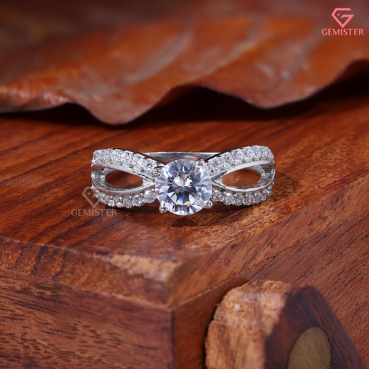 Round Moissanite Infinity Split Shank Engagement Ring in 14K Gold