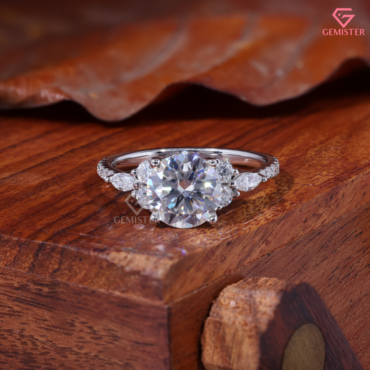 Round Moissanite Marquise Cluster Engagement Ring in 14K Gold