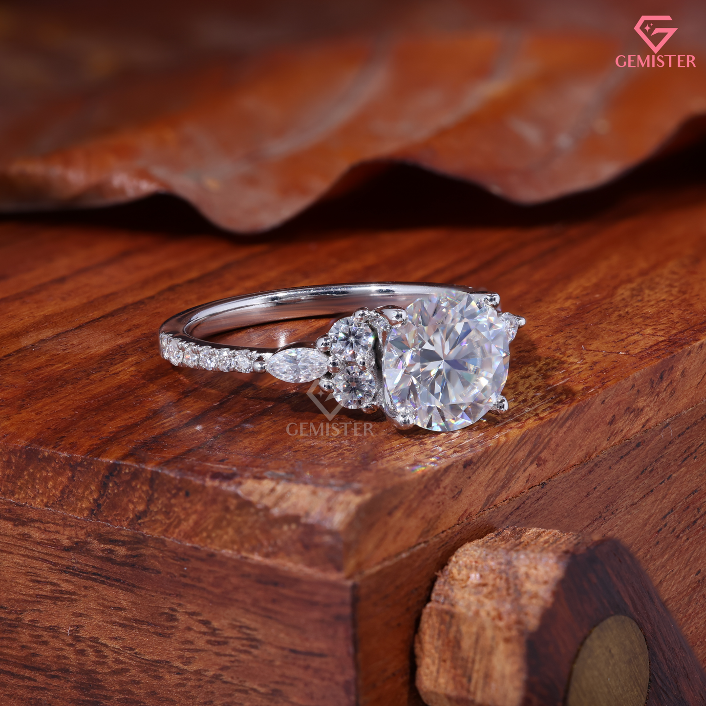 Round Moissanite Marquise Cluster Engagement Ring in 14K Gold
