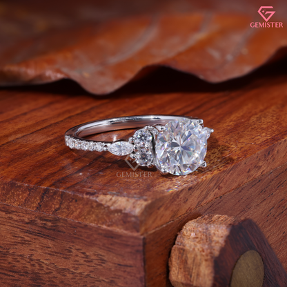 Round Moissanite Marquise Cluster Engagement Ring in 14K Gold