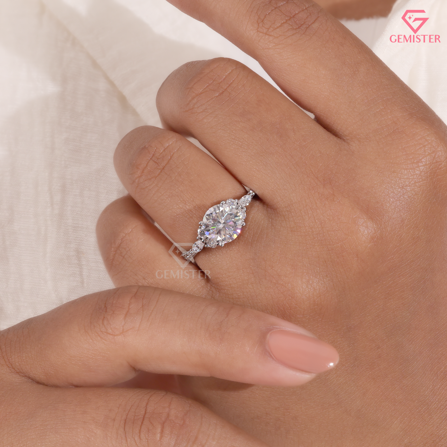 Round Moissanite Marquise Cluster Engagement Ring in 14K Gold