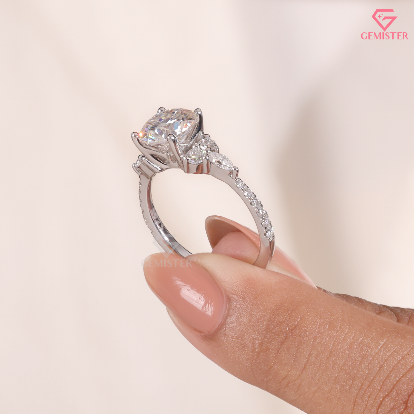 Round Moissanite Marquise Cluster Engagement Ring in 14K Gold