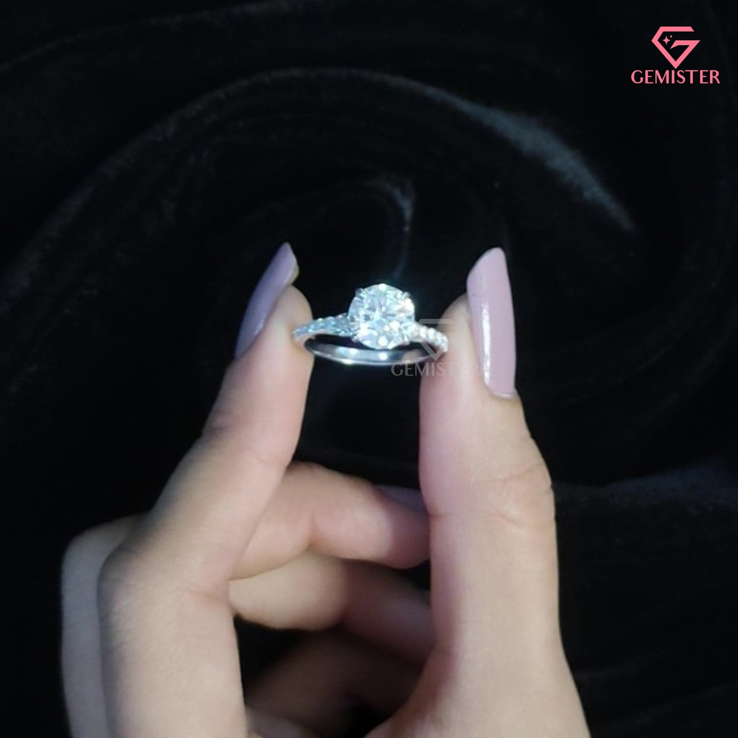 Round Brilliant Cut Hidden Halo Engagement Ring | Pavé Moissanite Band