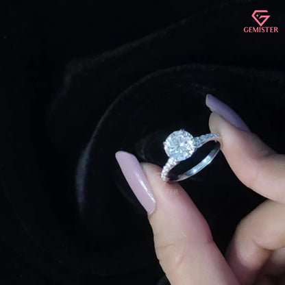 Round Brilliant Cut Hidden Halo Engagement Ring | Pavé Moissanite Band