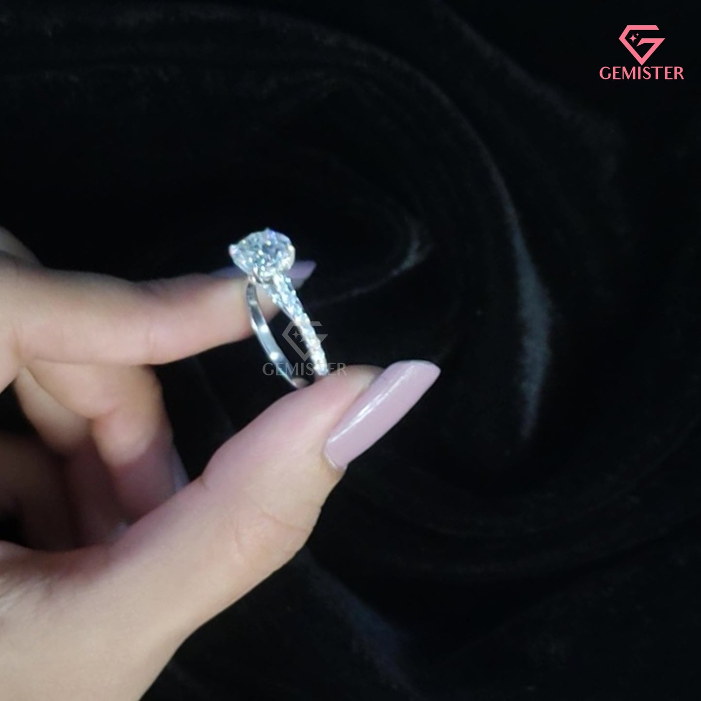 Round Brilliant Cut Hidden Halo Engagement Ring | Pavé Moissanite Band