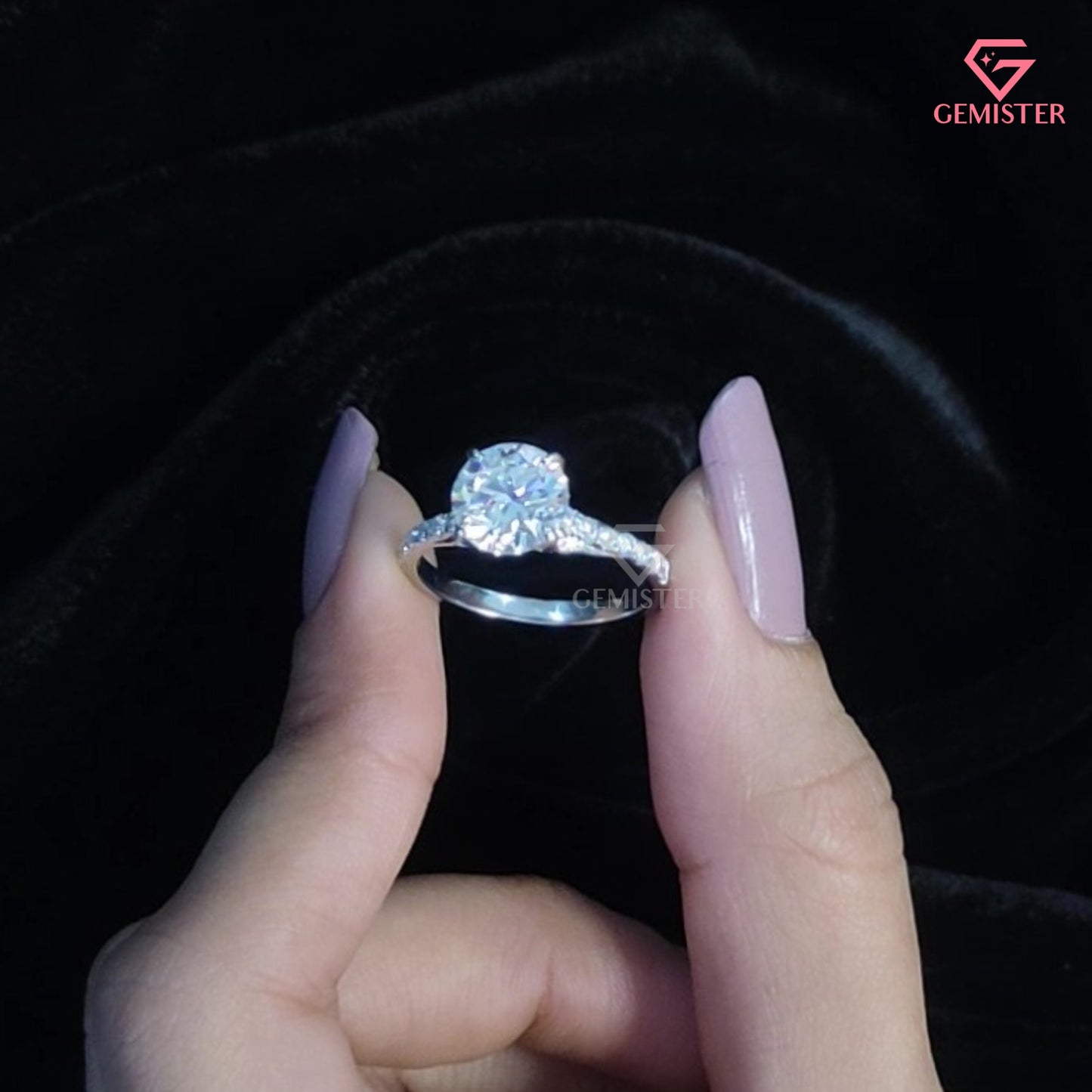 Round Brilliant Cut Hidden Halo Engagement Ring | Pavé Moissanite Band