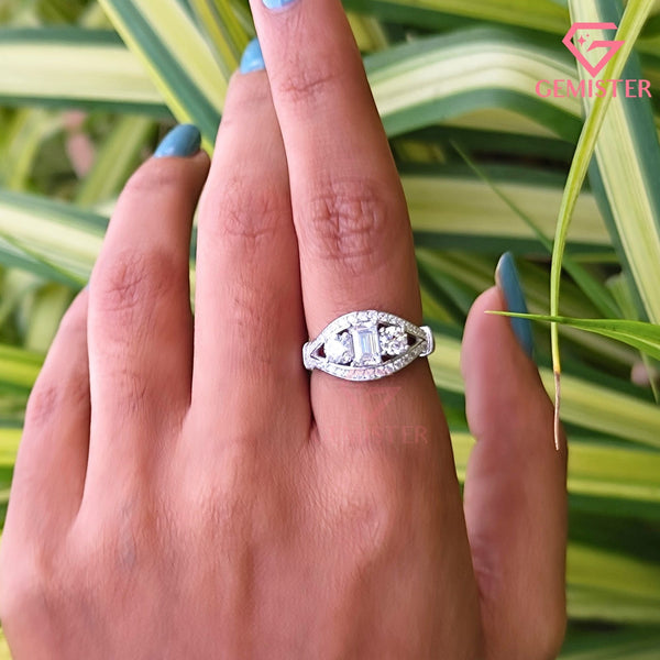 Emerald Cut Three Stone Ring | Split Shank Halo Promise Band