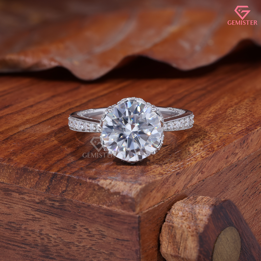 Round Moissanite Vintage Crown Hidden Halo Engagement Ring 14K Gold