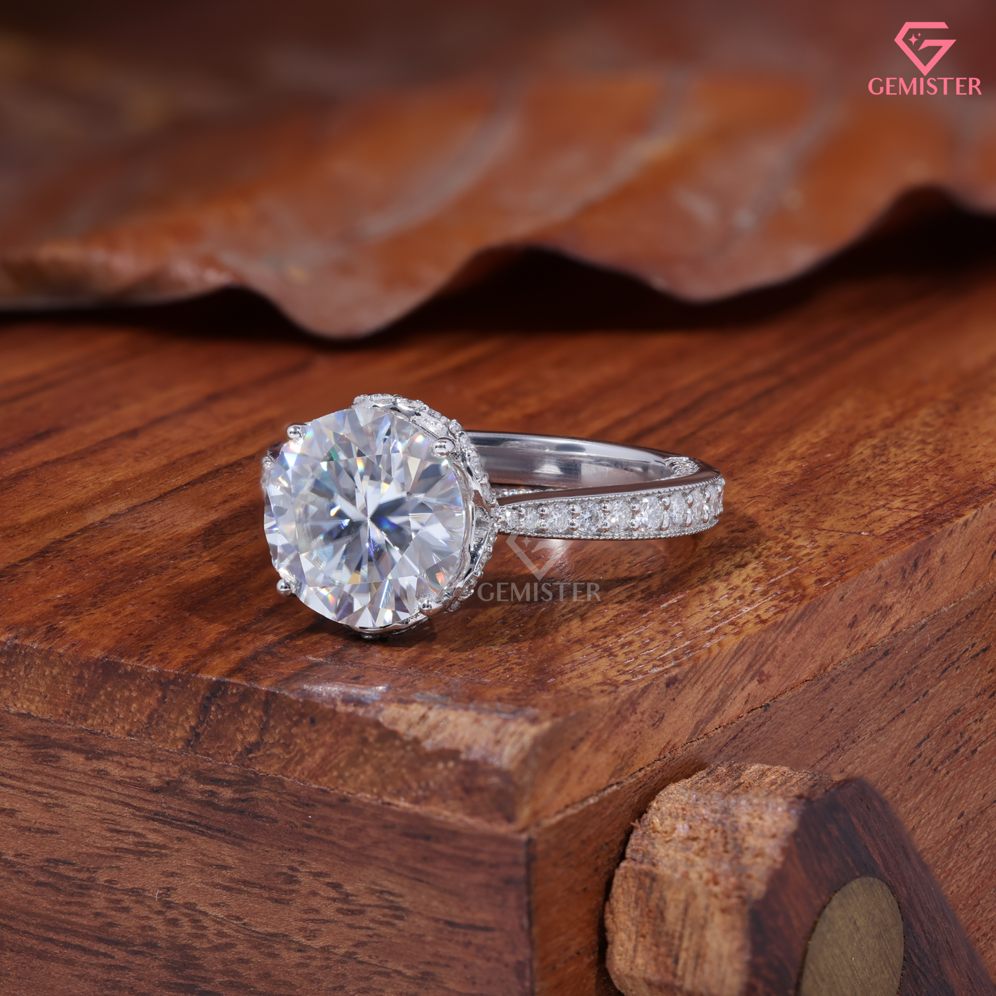 Round Moissanite Vintage Crown Hidden Halo Engagement Ring 14K Gold