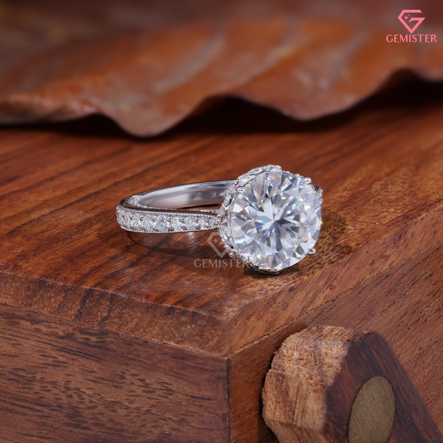 Round Moissanite Vintage Crown Hidden Halo Engagement Ring 14K Gold