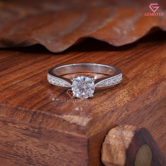 Round Moissanite Vintage Tapered Pavé Engagement Ring in 14K Gold