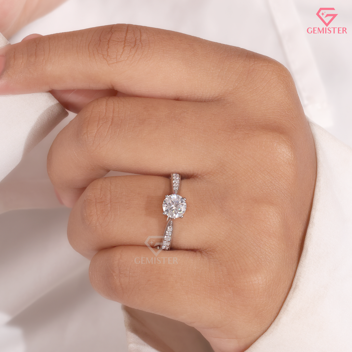 Round Moissanite Vintage Tapered Pavé Engagement Ring in 14K Gold