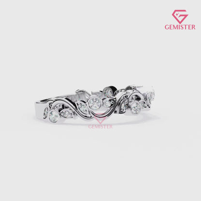 0.18 Ct Lab Grown Diamond Accent Vintage Band –  Unique Ring with Bezel & Leaf Design, Elegant Anniversary Band for Women