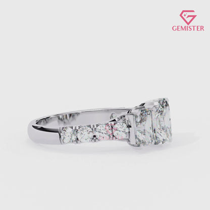 3.00 CT Radiant Cut Three Stone Lab Grown Diamond Engagement Ring with Side Accents – Elegant Bridal Jewelry