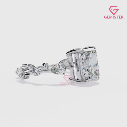 3.72 CT Radiant Cut Moissanite Engagement Ring – 3 Stone Gold Ring with Trillion Side Stones, Solitaire Statement Bridal Ring