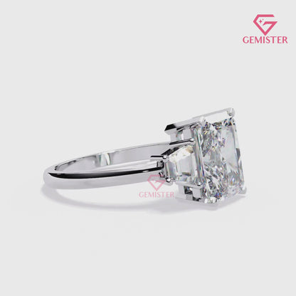 4.21 CT Radiant Cut Three Stone Lab Grown Diamond Engagement Ring with Baguette Side Stones Band – Luxury Bridal Jewelry
