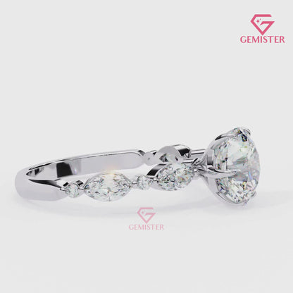 2.82 CT Round Cut Moissanite Engagement Ring with Marquise and Round Side Accents – Elegant Bridal Jewelry