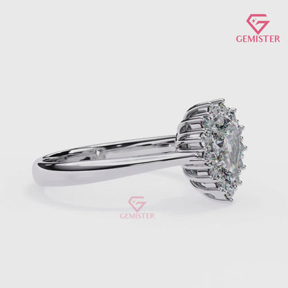0.52 CT Pear Cut Lab Grown Diamond Cluster Halo Engagement Ring in Gold – Elegant Bridal Jewelry