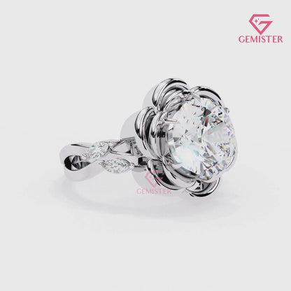 2.21 Ct Floral Bloom Lab Grown Diamond Engagement Ring – Round Cut Solitaire with 3D Petal Design  Flower Ring