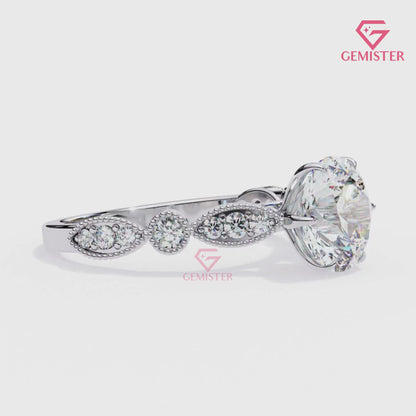 2.16 CT Round Cut Lab Grown Diamond Engagement Ring, Vintage Milgrain Diamond Band – Unique Bridal Jewelry