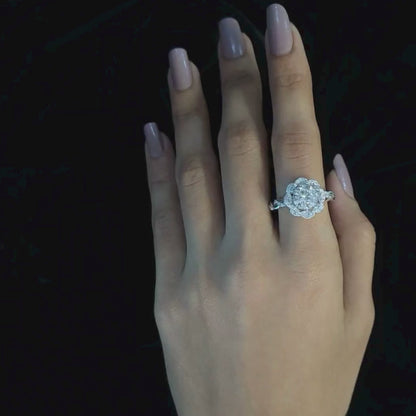 Round Cut Moissanite Floral Halo Infinity Engagement Ring | Curved Diamond Cluster Band