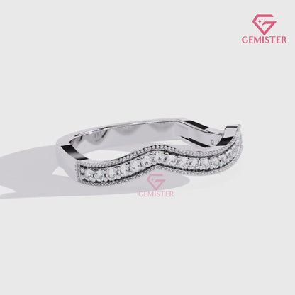 0.15 CT Moissanite Curved Wedding Band – Gold Milgrain Contour Stacking Bridal Band