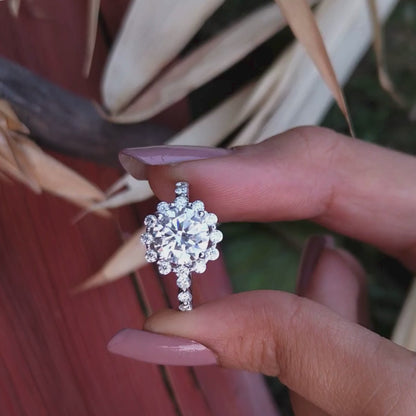 Floral Halo Moissanite Engagement Ring, Round Moissanite Pave Promise Ring for Women