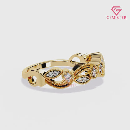 Vintage Leaf & Vine Moissanite Band – 0.11 CT Gold Milgrain Eternity Ring, Nature Inspired Wedding Band, Dainty Anniversary Jewelry