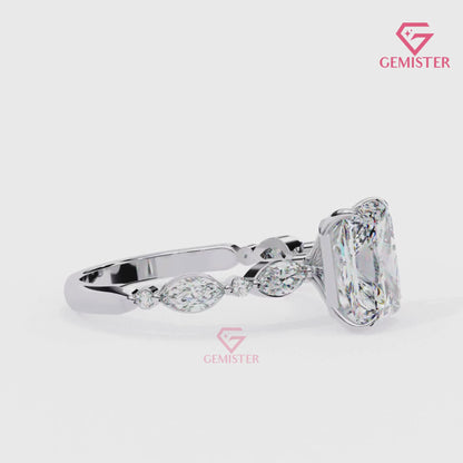 2.92 CT Radiant Cut Lab Grown Diamond Engagement Ring with Marquise and Round Side Accents – Unique Bridal Jewelry